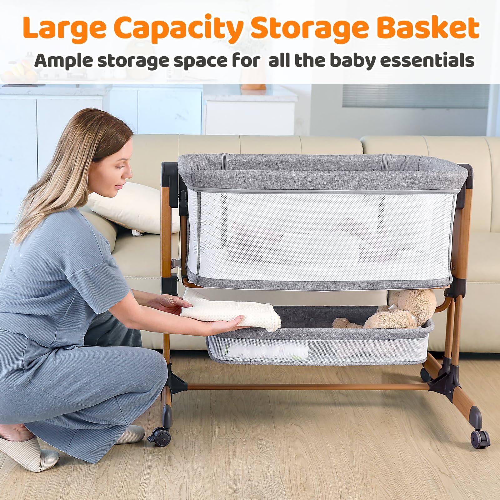 Growaystory 3 in 1 Baby-Beistellbett, Babybett mit Weich Matratze, Sicher Getestet & Vielseitig Einsetzbar, 7-Fach Höhenverstellung, Faltbare Seitenwand mit Rollen für Zuhause und Unterwegs