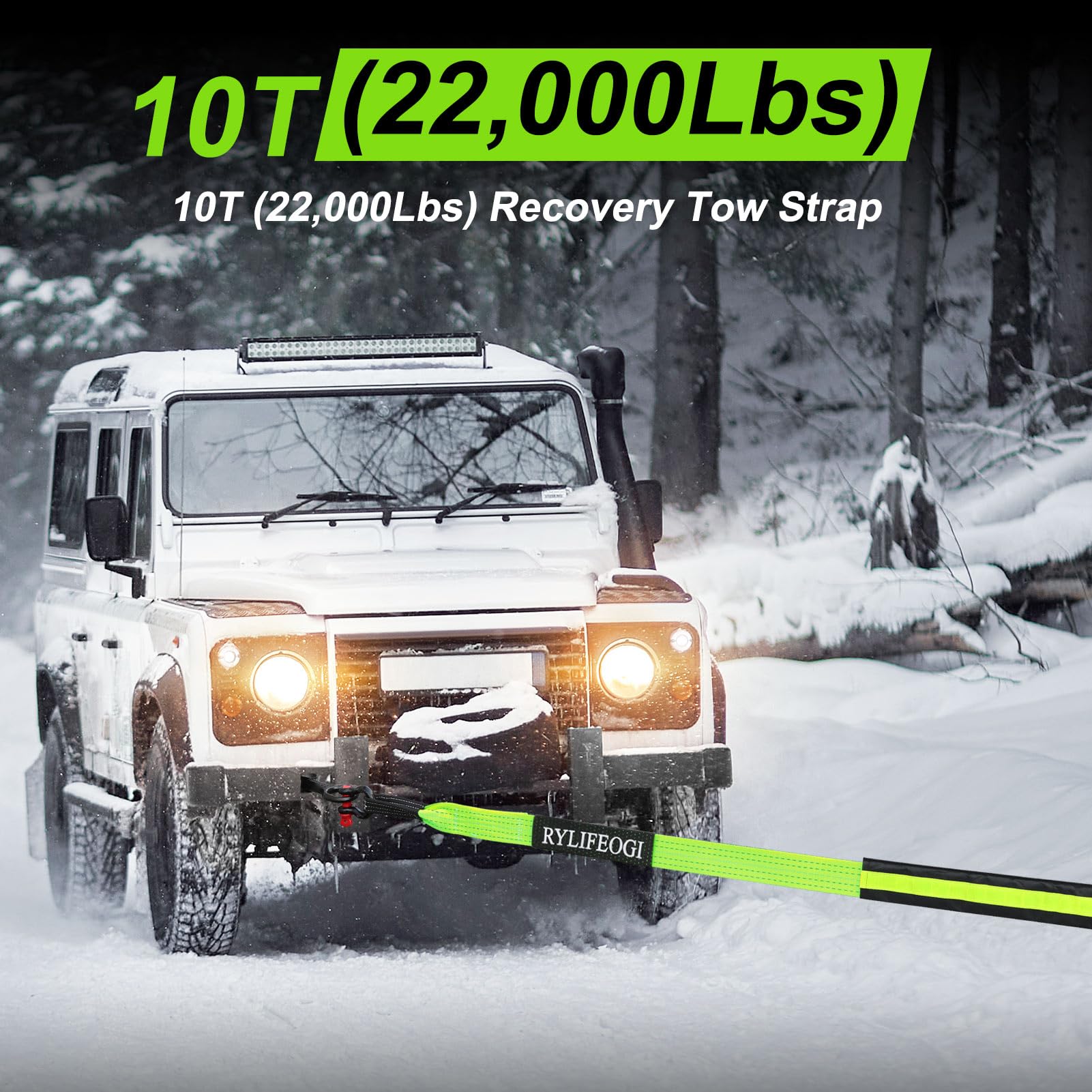 RYLIFEOGI Abschleppseil 10 Tonnen (22,000Lbs), 5mx5cm Heavy Duty Tow Strap mit 2 Verstärkten Haken 2 Handschuhen für Off-Road Fahrzeuge (Grün)