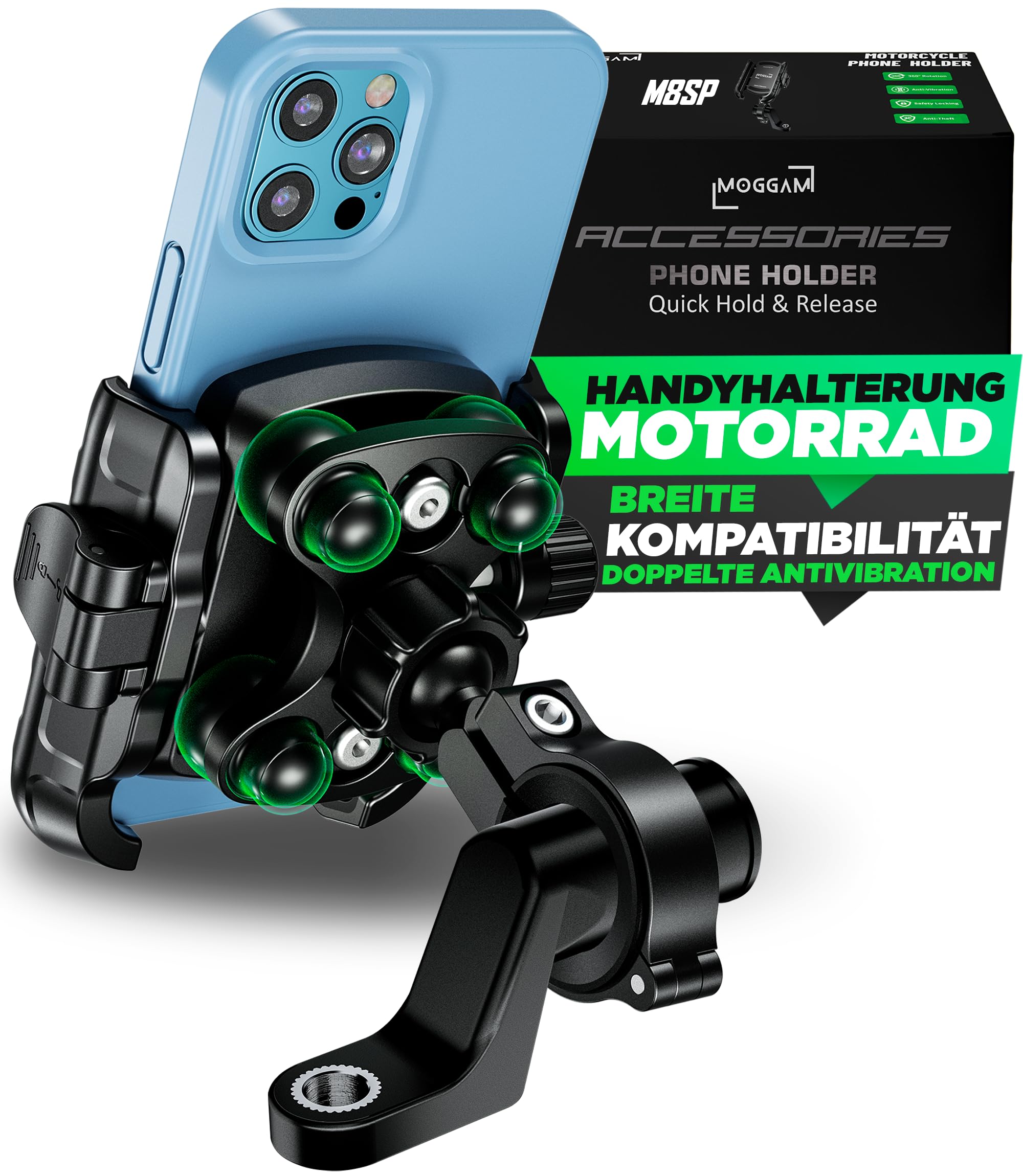 Handyhalterung Motorrad 【Doppelte Antivibrations-Technologie】mit Aluminiumkörper und Ring Motorrad Handyhalterung 5,4 bis 7,2" Handyhalter Fahrrad 【Schnellverschluss】 Phone Holder Bike als Geschenk