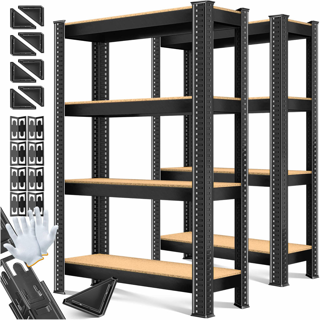 MASKO® 2er-Set Lagerregal Schwerlastregal, Kellerregal, 160 x 80 x 40 cm, bis 700kg belastbar, 4 verstellbare Ablagen, MDF-Platten Regal aus Metall, Steckregal, Werkstattregal, Keller, Garage Schwarz