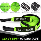 RYLIFEOGI Abschleppseil 10 Tonnen (22,000Lbs), 5mx5cm Heavy Duty Tow Strap mit 2 Verstärkten Haken 2 Handschuhen für Off-Road Fahrzeuge (Grün)