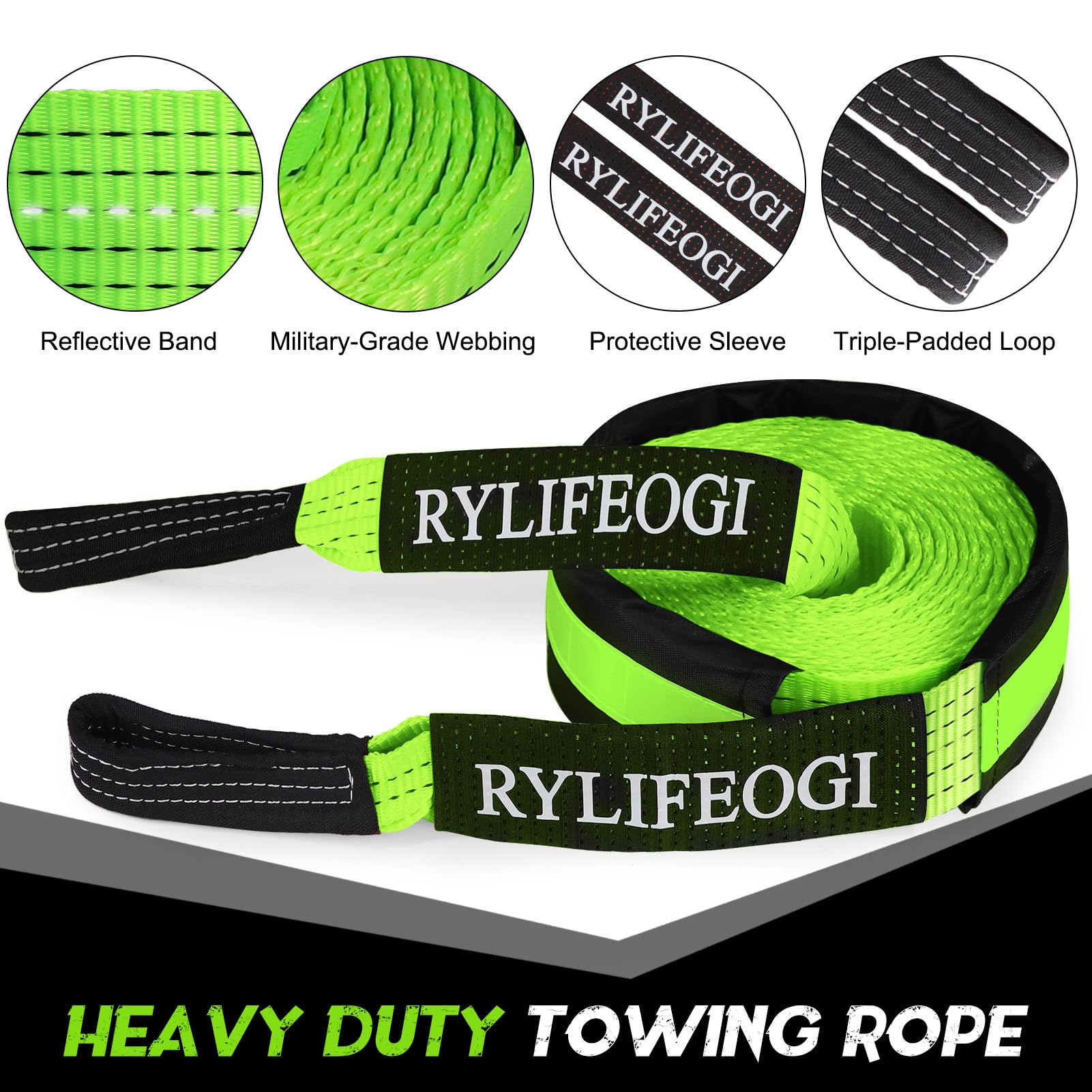 RYLIFEOGI Abschleppseil 10 Tonnen (22,000Lbs), 5mx5cm Heavy Duty Tow Strap mit 2 Verstärkten Haken 2 Handschuhen für Off-Road Fahrzeuge (Grün)