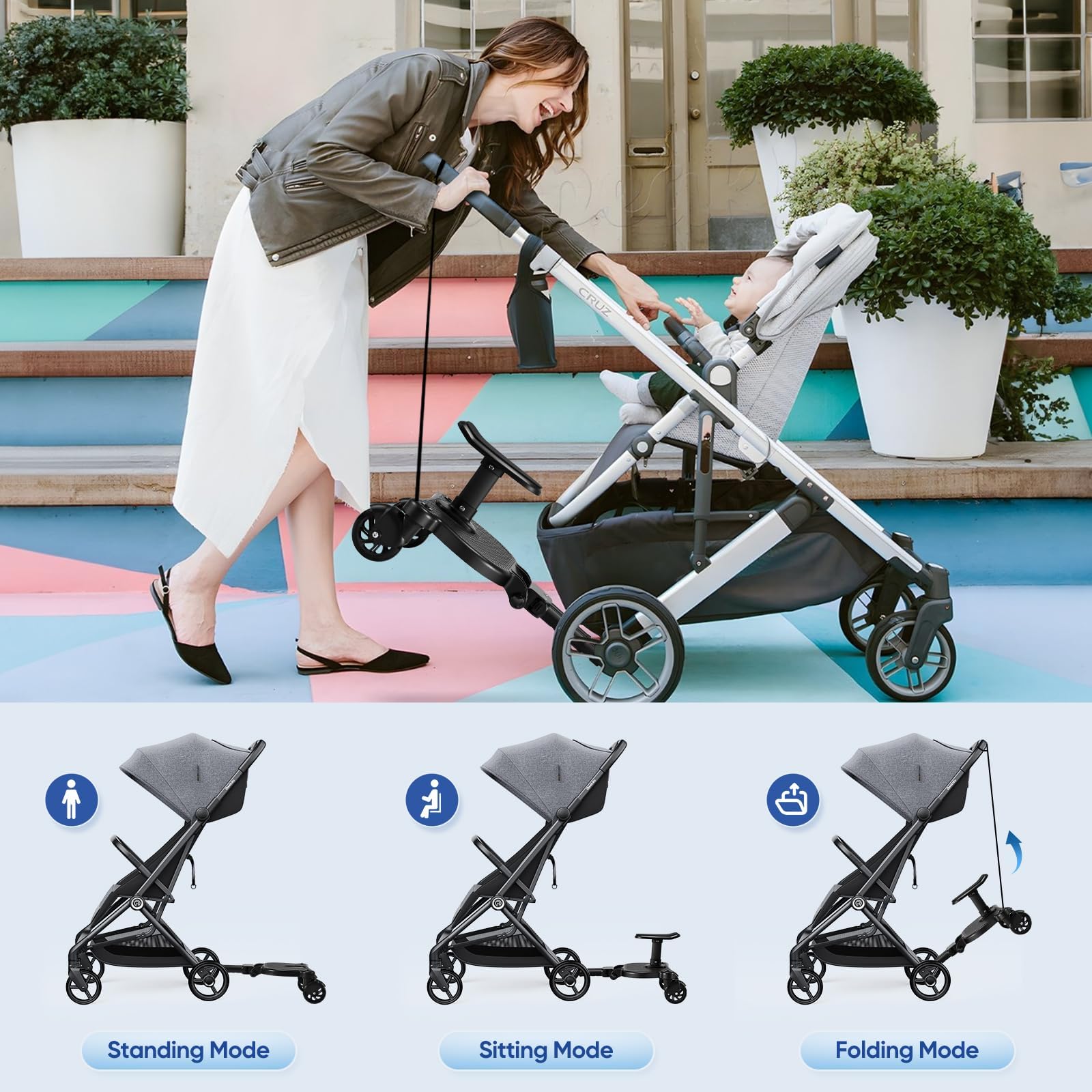 ENERHUB Buggy Board mit Sitz, Buggy Board für alle Kinderwagen, Trittbrett Mitfahrbrett universal, Kiddy Board für Kinder von 2-6 Jahren, Bearing 25KG (Schwarz)