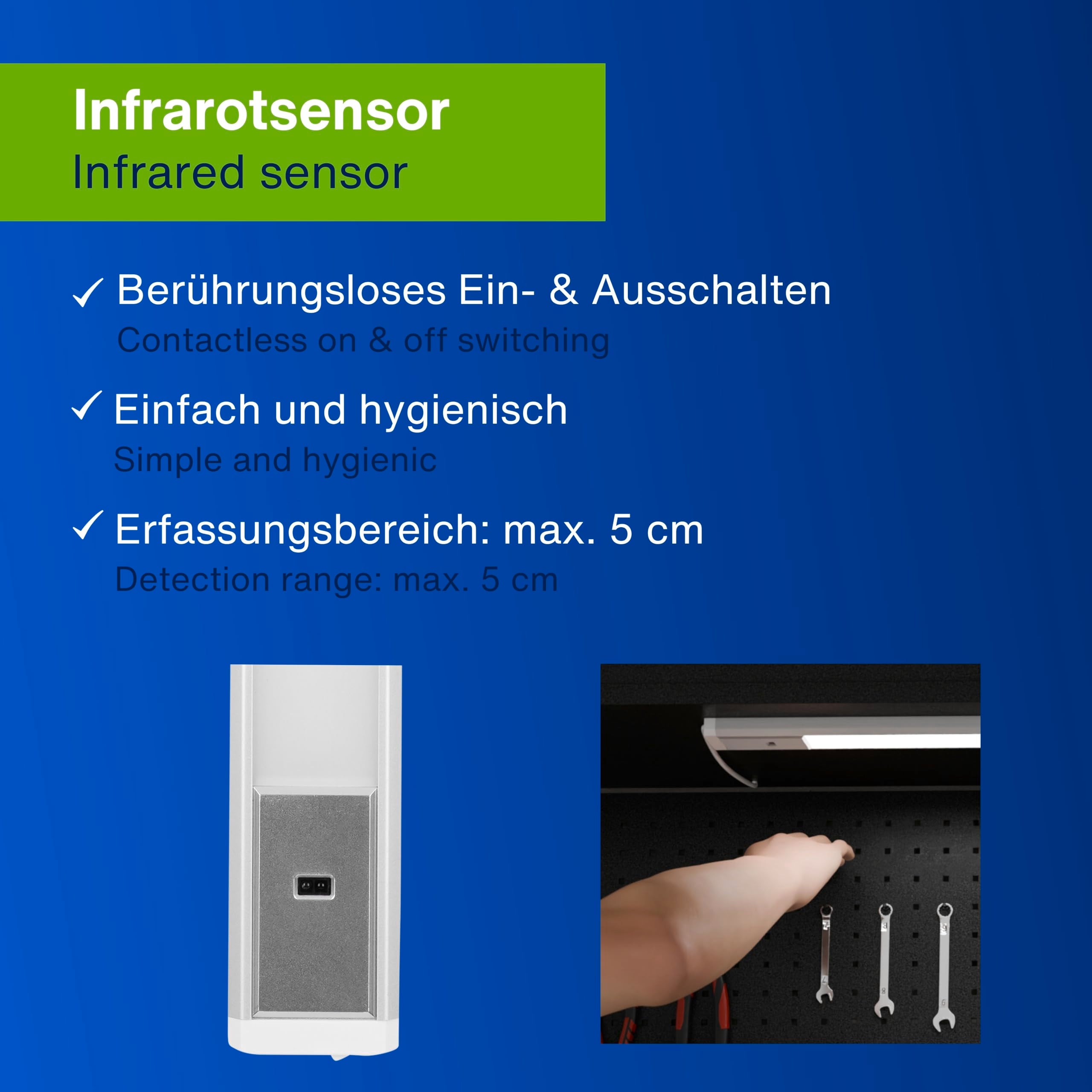 REV Unterbauleuchte Küche LED - Aluminium Schrankbeleuchtung 90cm, 10W, 850 Lumen, 3000K, Küchenbeleuchtung flach mit Sensor, einfache Montage, silber