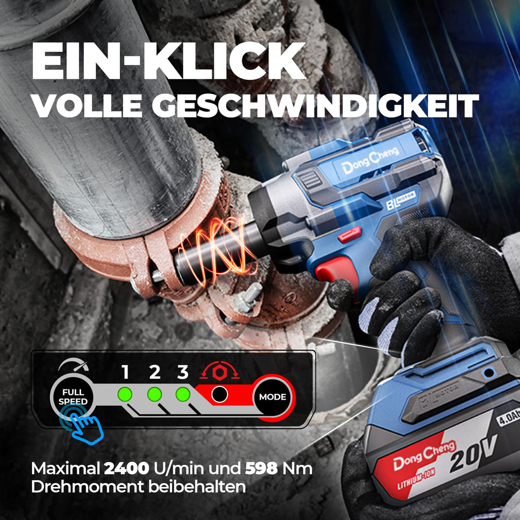 Dong Cheng 18V bürstenloser Schlagschrauber, 598Nm Akku-Schlagschrauber 1/2 Zoll, 4-Gang-Modus & Smart-Modus mit 5 Schlagstecknüssen, Verlängerung, 4,0Ah Akku, Aufbewahrungsbox