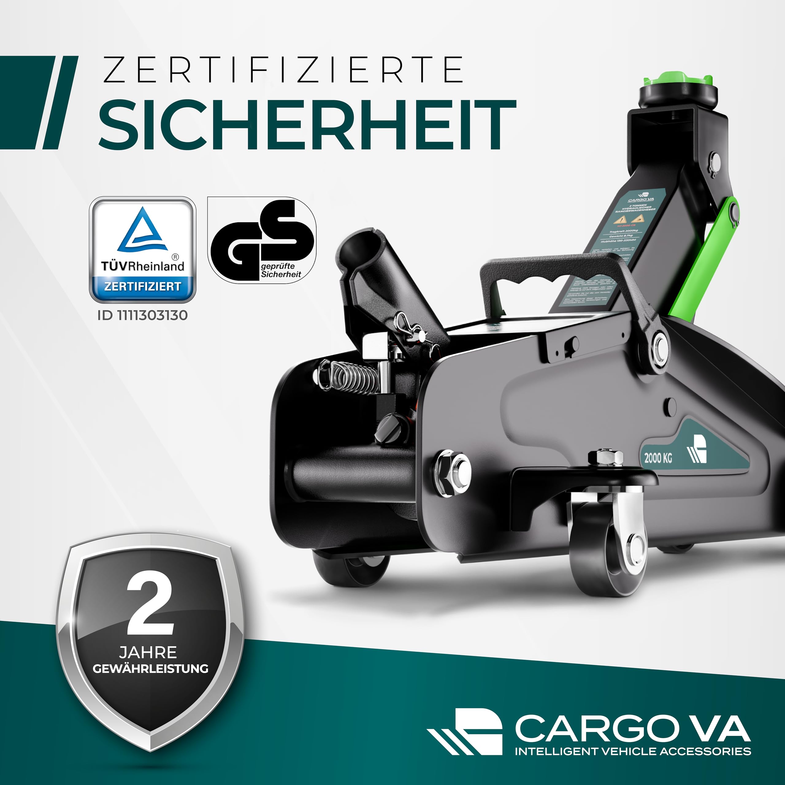 CargoVA Rangierwagenheber 2T hydraulisch | TÜV-Zertifiziert | Hubhöhe 130-330mm | Ideal für PKW & SUV zum Reifenwechsel