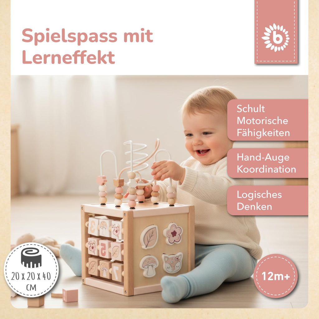 Bieco Motorikwürfel REH Ella nachhaltiges Holz FSC® | Spielwürfel Baby Activity Center Baby Montessori Holzspielzeug ab 1 Jahr