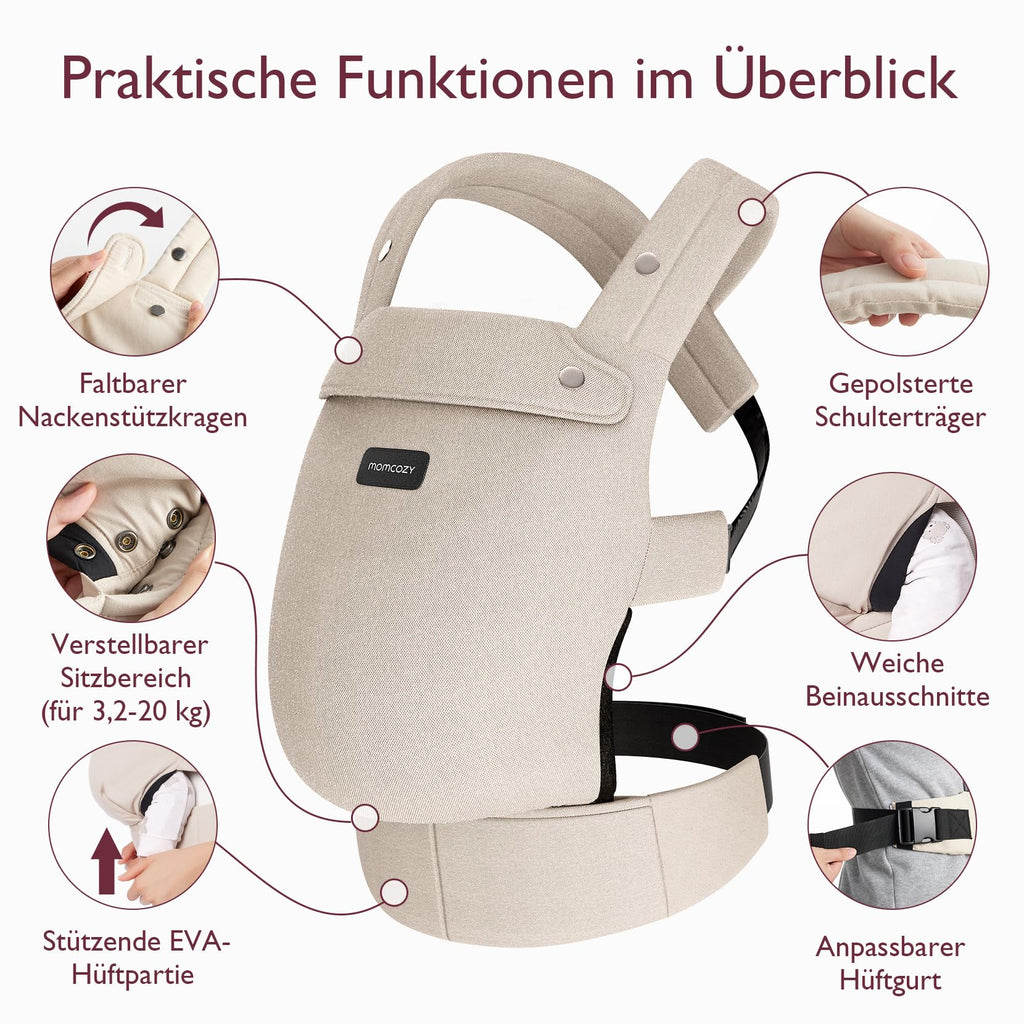 Momcozy Babytrage – Baby Carrier für Kleinkind (3-24 Monate) · Ohne Einsätze · Ergonomische M-Trage · X-Rücken · Leicht & Luftdurchlässig, Khaki