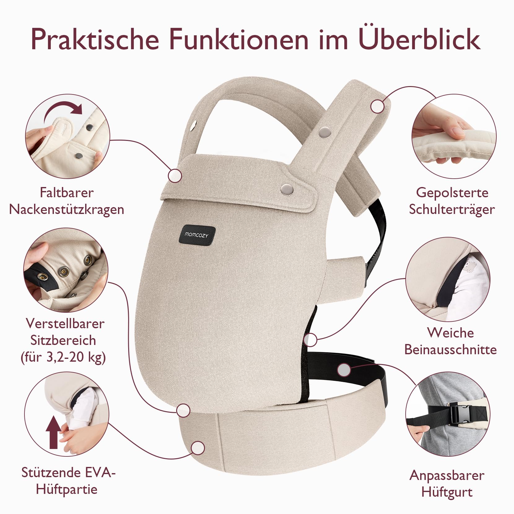 Momcozy Babytrage – Baby Carrier für Kleinkind (3-24 Monate) · Ohne Einsätze · Ergonomische M-Trage · X-Rücken · Leicht & Luftdurchlässig, Khaki