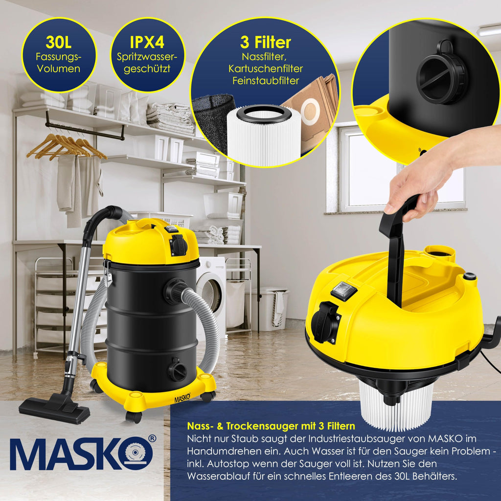MASKO® 6IN1 Industriestaubsauger Staubsauger Nass Trocken Sauge Aschesauger 2300W + Steckdose✓ Blasfunktion ✓ Trocken-Saugen & Nass-Saugen | Industrie-Sauger mit & ohne Beutel | beutellos, Gelb