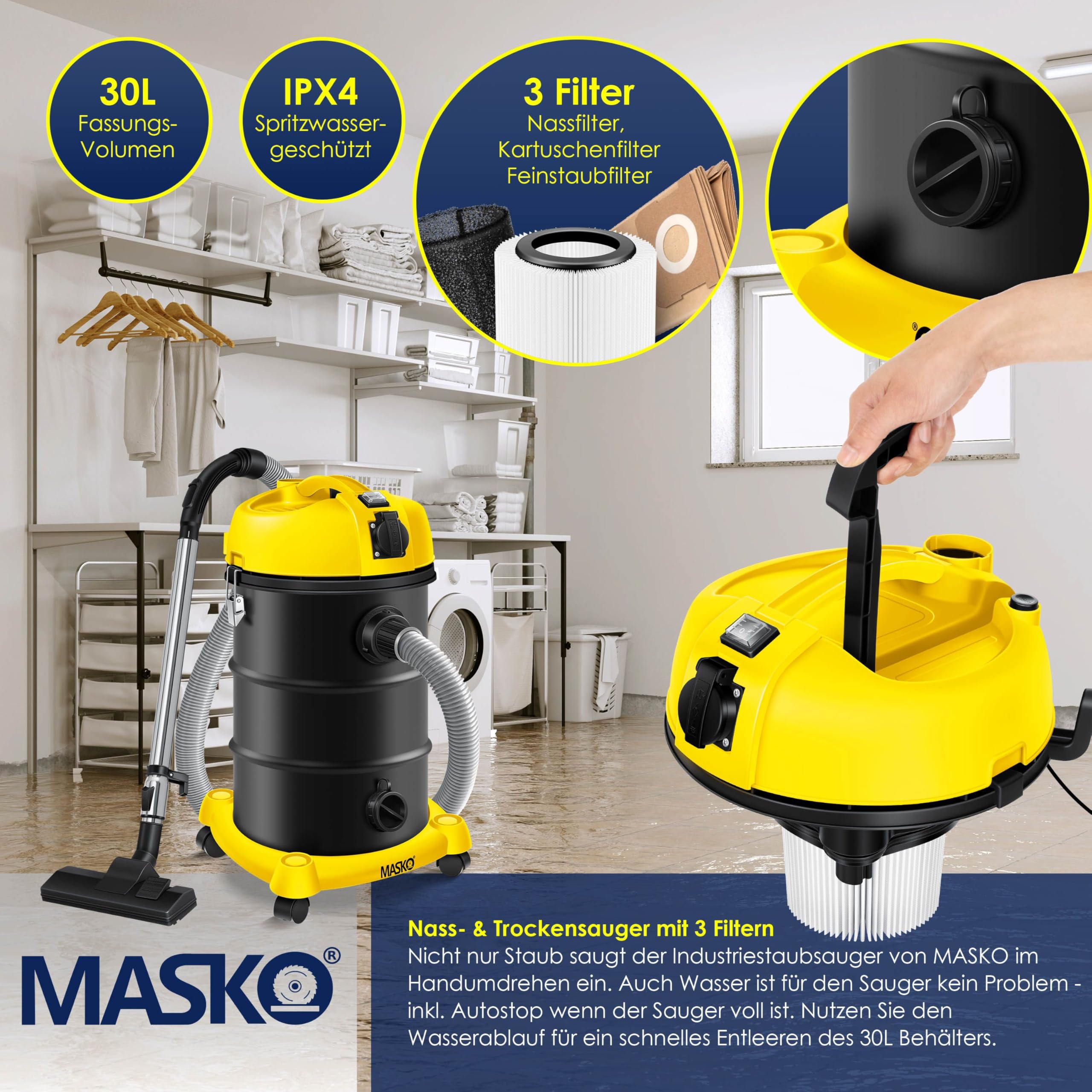 MASKO® 6IN1 Industriestaubsauger Staubsauger Nass Trocken Sauge Aschesauger 2300W + Steckdose✓ Blasfunktion ✓ Trocken-Saugen & Nass-Saugen | Industrie-Sauger mit & ohne Beutel | beutellos, Gelb