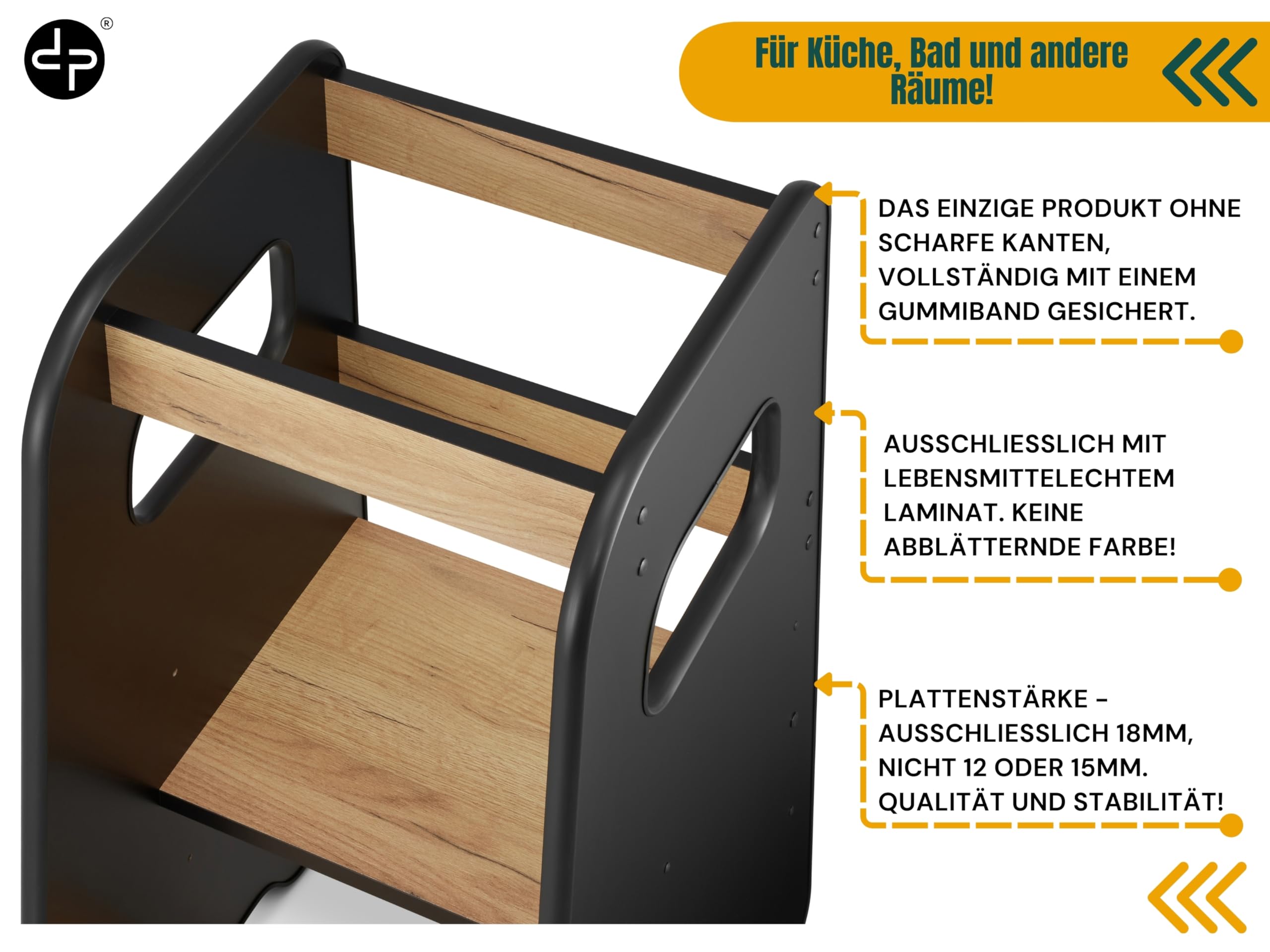 defiPad Lernturm ab 1 Jahr - 3 Stufen Höhenverstellbar, Sicher & Stabil - Learning Tower mit Kippschutz - Lernturm Montessori für Kinder - Hergestellt in der EU - Schwarz & Eiche
