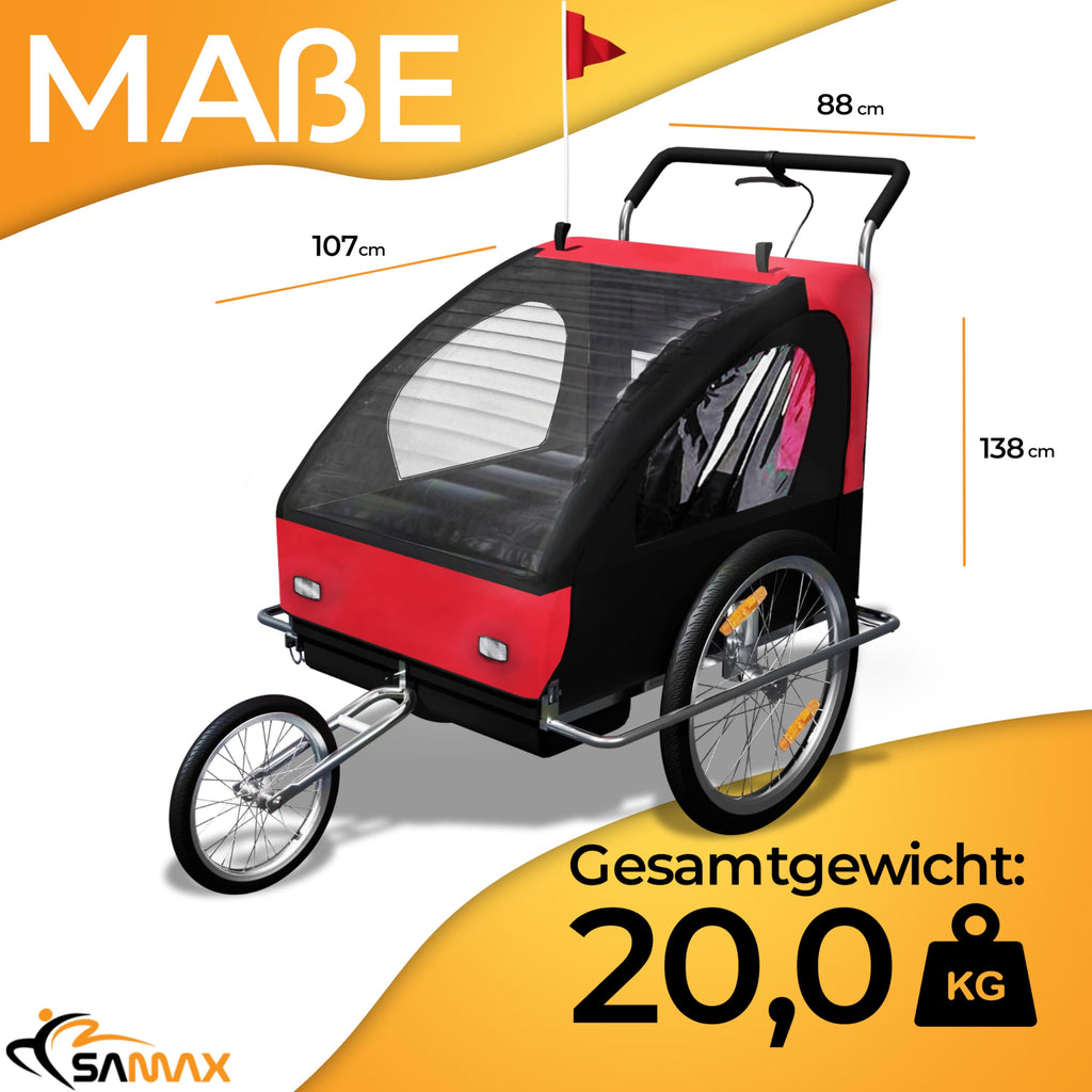 SAMAX Fahrradanhänger Jogger 2in1 Kinderanhänger Kinderfahrradanhänger Transportwagen vollgefederte Hinterachse für 2 Kinder in Rot/Schwarz - Silver Frame