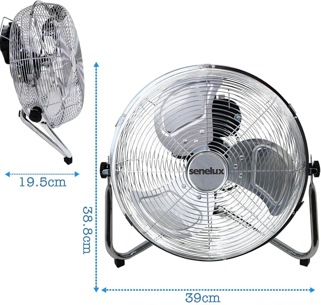 Senelux Bodenventilator - Chrome Gym Fan 30,5 cm Elektrischer tragbarer Lüfter für Zuhause/Fitnessstudio/Büro - 3 Geschwindigkeitsstufen mit Neigungsfunktion