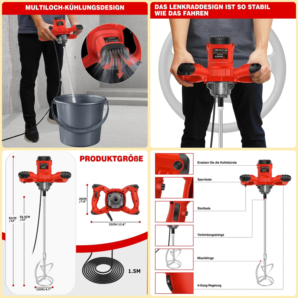 2600W Rot Rührwerk betonrührer, 6-Gang-Getriebe 0-1700U/min, M14 Spiralstange 60 cm, Farb-Mörtelrührer Ø120 mm, Handmischer für Mischgut Beton, Mörtel, Putz, Farbe, Kleber und Zement