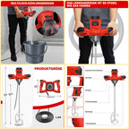 2600W Rot Rührwerk betonrührer, 6-Gang-Getriebe 0-1700U/min, M14 Spiralstange 60 cm, Farb-Mörtelrührer Ø120 mm, Handmischer für Mischgut Beton, Mörtel, Putz, Farbe, Kleber und Zement