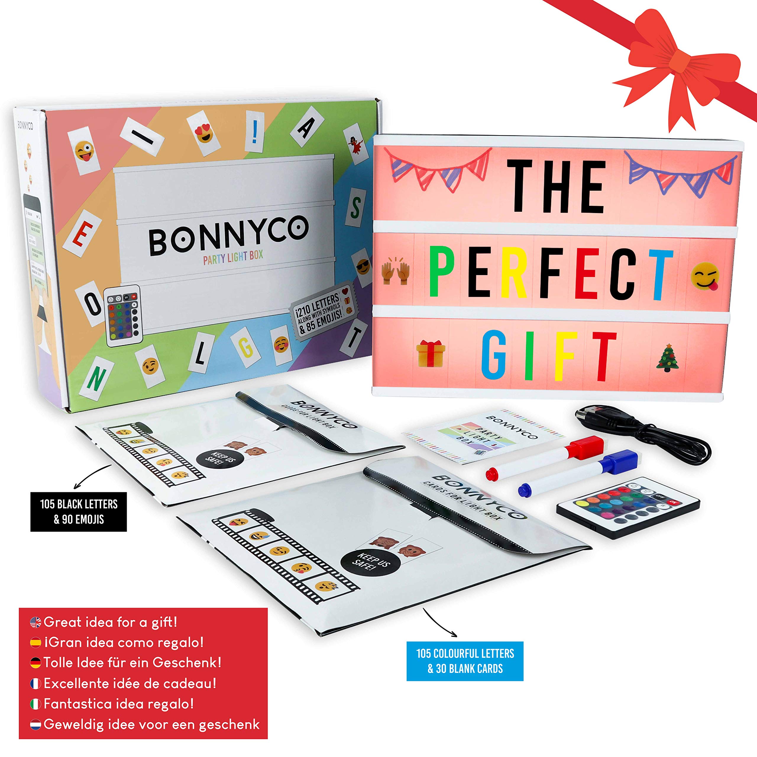 BONNYCO Light Box mit Farbwechsel, 400 Buchstaben, Emojis, 2 Stifte, USB, Ä Ö Ü ß Enthalten. Led Lichtkasten Buchstaben 16 Farben mit Programme, Led Leuchtkasten Schlafzimmer Wohnzimmer Deko Geschenk