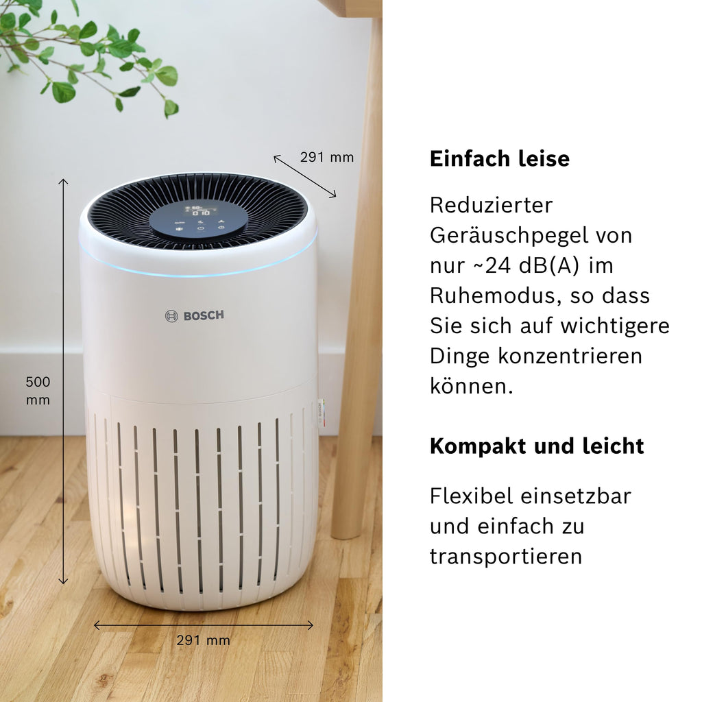 Bosch Air 4000i App-gesteuerter Luftreiniger - Für Räume bis zu 62,5 m² - Entfernt Schadstoffe - Mit 3-in-1 Luftfilter, Smart Sensor, Automatikmodus, Ruhemodus (< 25 dB(A)) - CADR: 300 m³/h