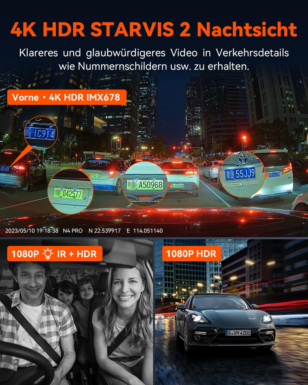 VANTRUE N4 Pro 3 HDR 4K+ 1080P+ 1080P STARVIS 2 Dashcam Auto, 5G WiFi PlatePix™ Dash Cam GPS 360° Puffer Parküberwachung Auto Kamera, IR Nachtsicht, Sprachbefehl, Privatsphäremodi, 2.45” 1TB Max