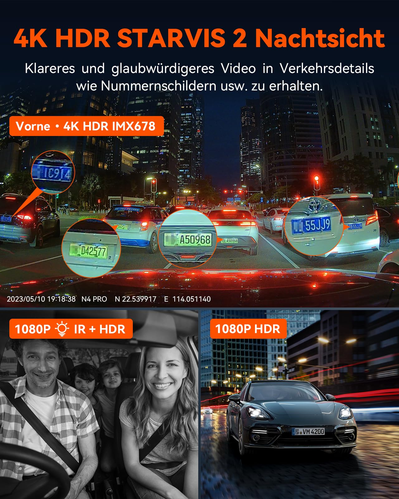 VANTRUE N4 Pro 3 HDR 4K+ 1080P+ 1080P STARVIS 2 Dashcam Auto, 5G WiFi PlatePix™ Dash Cam GPS 360° Puffer Parküberwachung Auto Kamera, IR Nachtsicht, Sprachbefehl, Privatsphäremodi, 2.45” 1TB Max