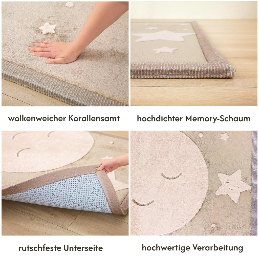 Wolkenweiche Spielmatte Baby 200x150x2,5cm, mond&Sterne – Teppich für Kinderzimmer mit hochwertigem Memory-Schaum – Krabbelmatte Baby mit Rutschfester Unterseite, Tatami Matte