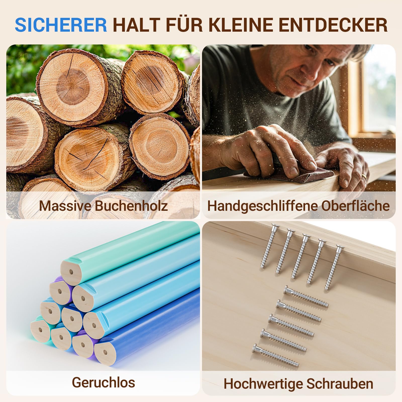 COSYLAND Klettergerüst Indoor L – Großes Kletterdreieck Set mit Kletterbogen & Rutsche – 8-in-1 Massivholz-Spielplatz für Kinder ab 18 Monaten – Kaltfarben