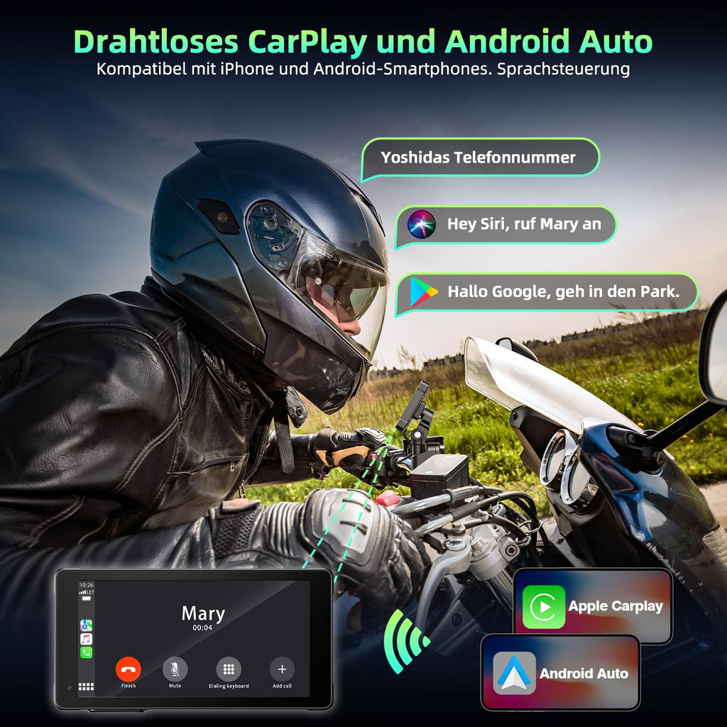 Lamto Motorrad Carplay & Android Auto für Motorcycle,Tragbares Carplay Bildschirm mit Dashcam Vorne Hinten 2K+1080P,5,5 Zoll IP67 Wasserdichter Touchscreen für Motorräder,Daueraufnahme/Siri/64G TF