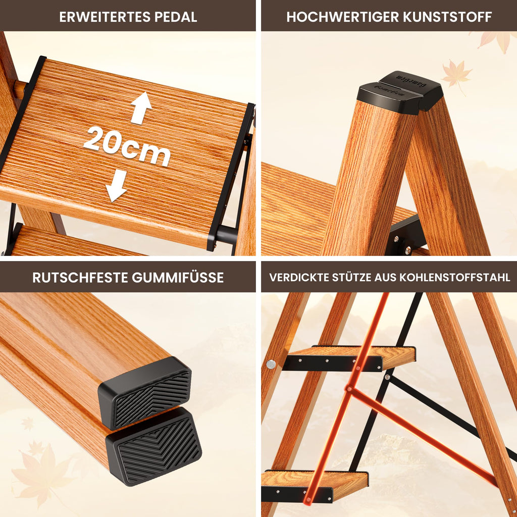 GameGem 3 Stufen Leiter, klappbarer Tritthocker mit breitem Anti-Rutsch-Pedal, leichtes und dennoch stabiles Aluminiummaterial, 150 kg Tragkraft, hübsches, modernes Aussehen für den Innenbereich