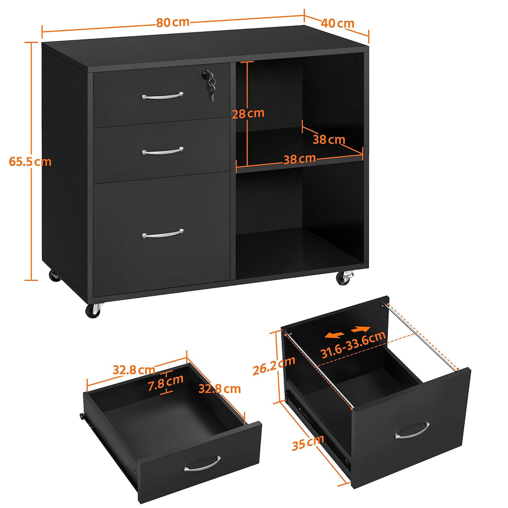 Yaheetech Rollcontainer, Aktenschrank, Büroschrank mit 5 Rollen, 3 Schubladen und 2 offenen Fächern, Industrie-Design, für Dokumente, Schwarz