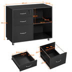 Yaheetech Rollcontainer, Aktenschrank, Büroschrank mit 5 Rollen, 3 Schubladen und 2 offenen Fächern, Industrie-Design, für Dokumente, Schwarz