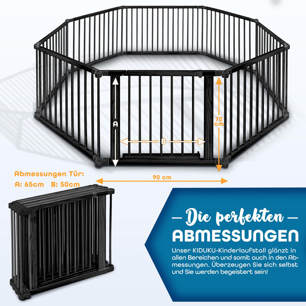 KIDUKU® 7,2 Meter Baby Laufgitter XXL klappbar inkl. Tür | Laufstall mit doppelter Sicherung | Absperrgitter für Kinder inkl. 8 Elementen | Krabbelgitter individuell formbar