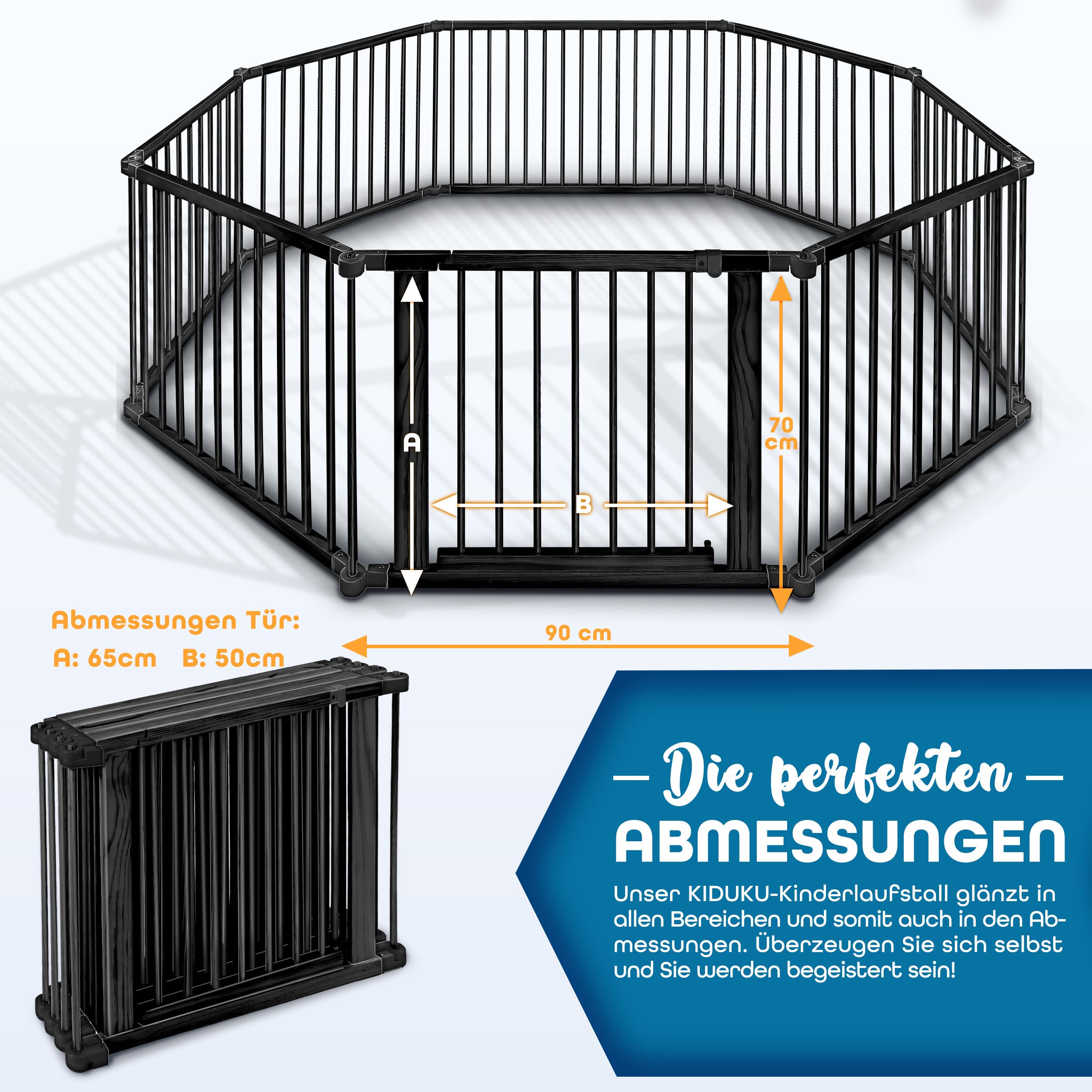KIDUKU® 7,2 Meter Baby Laufgitter XXL klappbar inkl. Tür | Laufstall mit doppelter Sicherung | Absperrgitter für Kinder inkl. 8 Elementen | Krabbelgitter individuell formbar