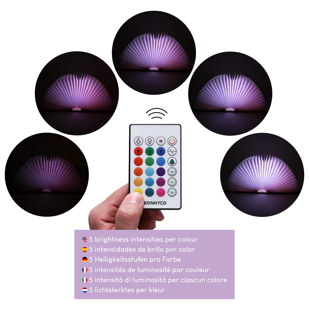 BONNYCO Buchlampe Holz mit Farbwechsel 16 Farben und Timer. LED Buchlampe Geschenk für Frauen und Männer zum Geburtstag Weihnachten. Kleine Lampe Deko Wohnzimmer Schlafzimmer Zimmer, Buch Lampe