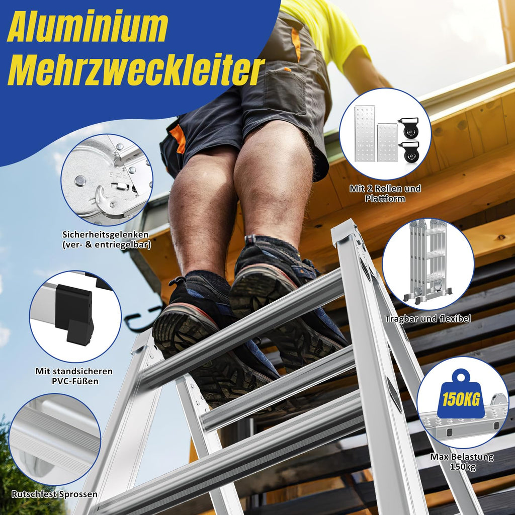 Lospitch 4x3 Mehrzweckleiter, 360cm 7 in 1 Multifunktionsleiter mit 2 plattform, Aluminium Vielzweckleiter mit 2 Transport Rollen bis 150 kg, Arbeitsleiter 12 Stufen, Silber