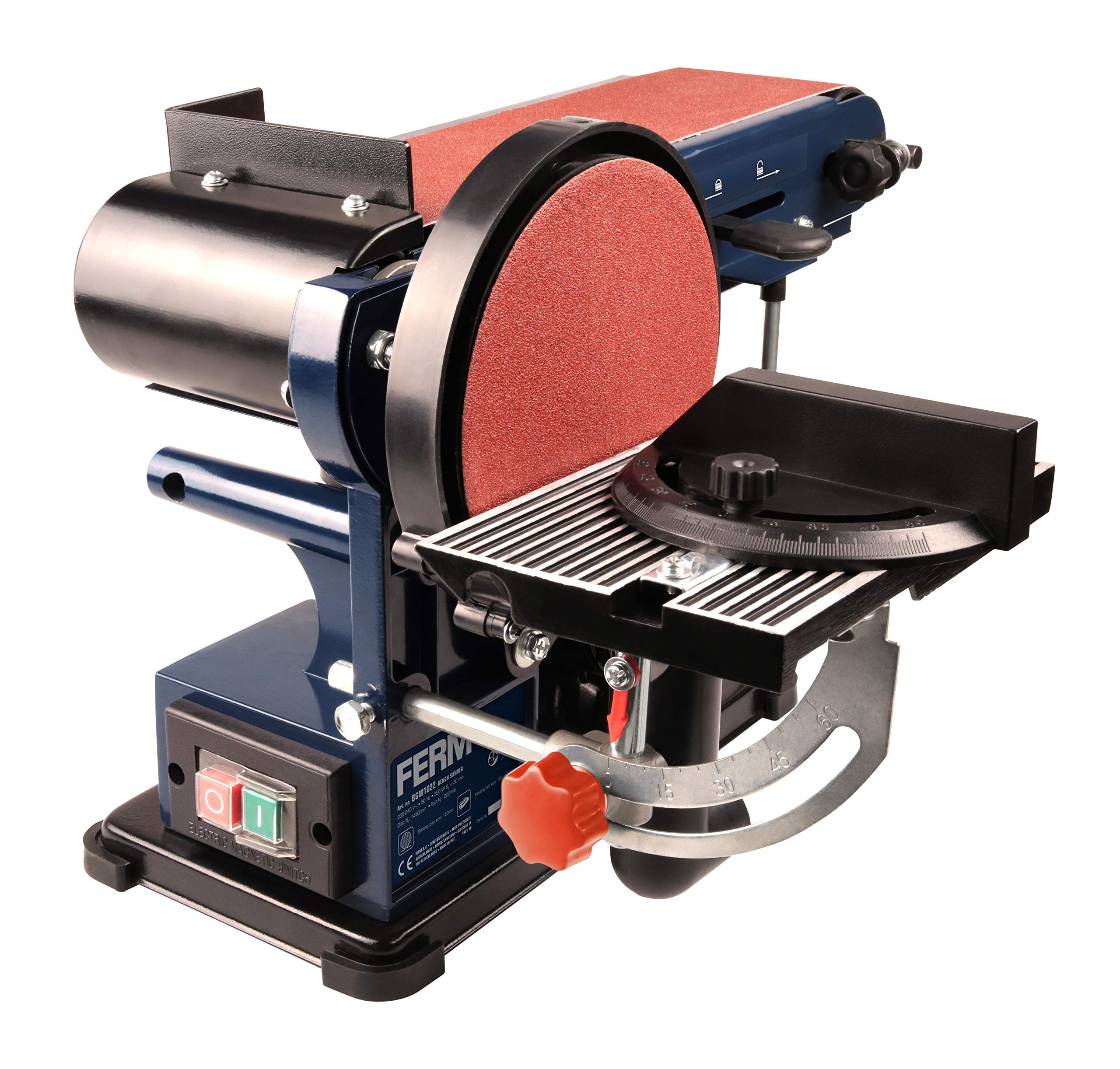 Ferm Bandschleifmaschine – 350W – 150mm - einschl. 2 Schleifbänder (P80 & P120) und 2 Schleifscheiben (P80 & P120), BGM1022