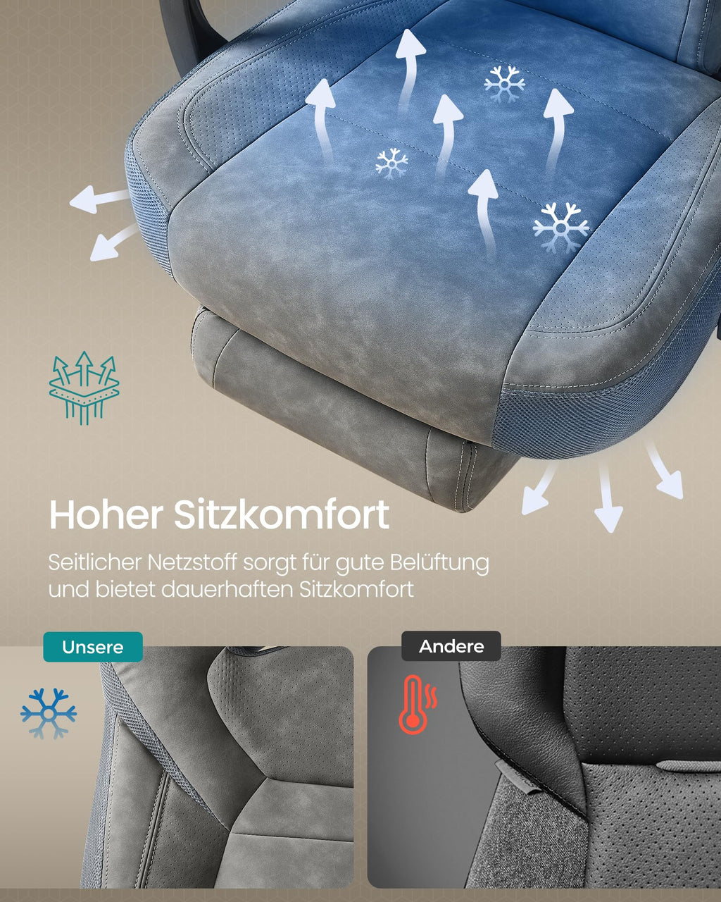 SONGMICS Gaming-Stuhl, Bürostuhl, Computerstuhl, ergonomisches Design, mit Fußstütze, verstellbares Kopfkissen, Lendenkissen, Tragkraft 150 kg, schiefergrau OBG077G01