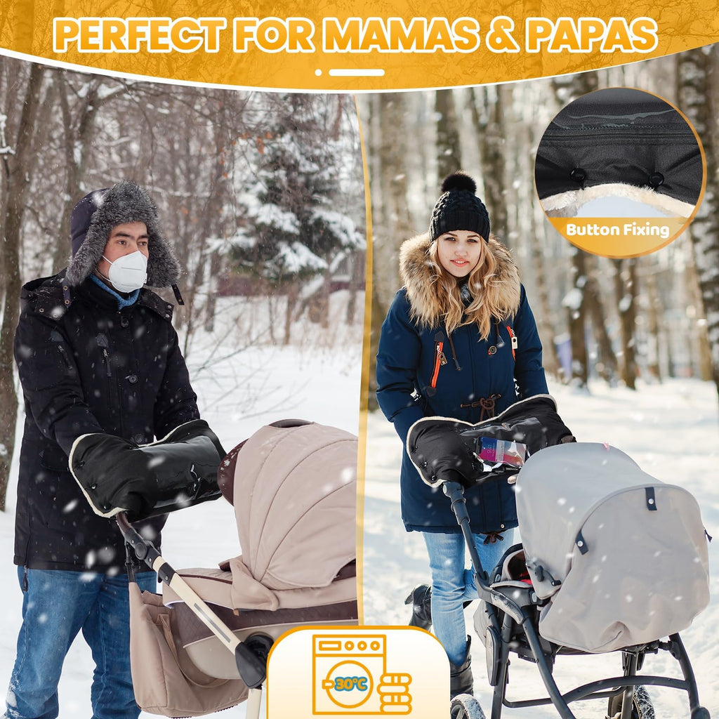 Orzbow Kinderwagen Handwärmer, Warm Handwärmer Kinderwagen mit Lammfellimitat, Stabil Handmuff für Kinderwagen mit Handyfach, Wetterfester Stoff, Komfortabel, Handschuhe Kinderwagen im Winter, Schwarz