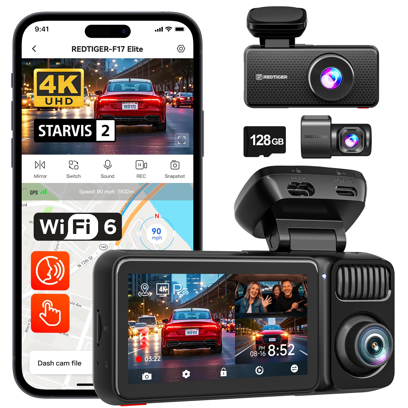 REDTIGER F17 Elite 4K 3 Kanal Dashcam Auto, STARVIS 2 IMX678 & IMX 675, 128GB Karte, Full Night Color, 4K+2.5K+1080P Vorne und Hinten Innen, Sprachsteuerung, 5GHz WiFi 6, GPS, HDR, Parkmodus