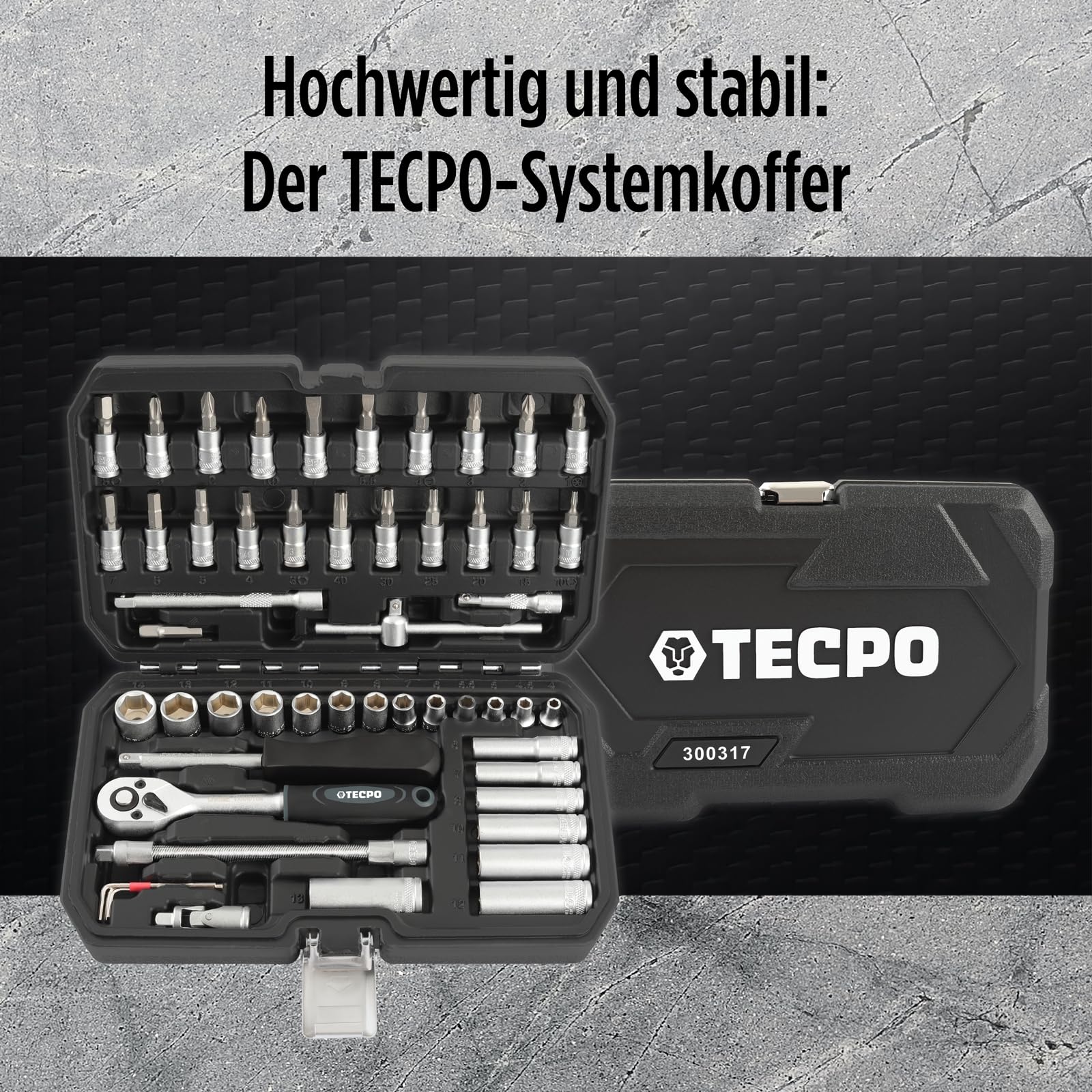 TECPO Steckschlüssel-Satz 1/4 Zoll, 53-tlg, Hebelumschaltknarre, Verlängerungen, für Torx-, Kreuz-, Schlitz- & Innensechskant-Schrauben, Chrom-Vanadium-Stahl, Steckschlüssel-Einsätze, Nuss-Set, Nüsse