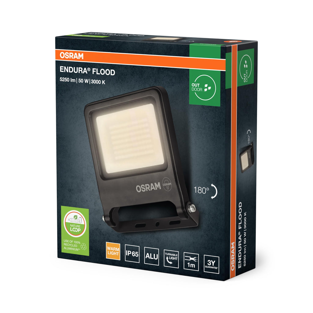 Osram ENDURA FLOOD PC 50W LED-Fluter, 3000K warmweiß, 5000 Lumen, IP65 Flutlicht, nachhaltiges Aluminium, 100 lm/W Effizienz, Dunkelgrau