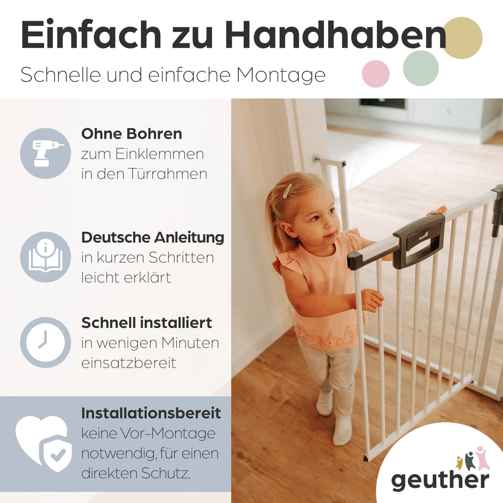 Geuther Türschutzgitter Easylock Plus | Treppenschutzgitter ohne Bohren Breite 68-76 cm | Türgitter Baby Holz-Metall | Kinderschutzgitter beidseitig öffnend | Kindersicherung Tür | Weiß