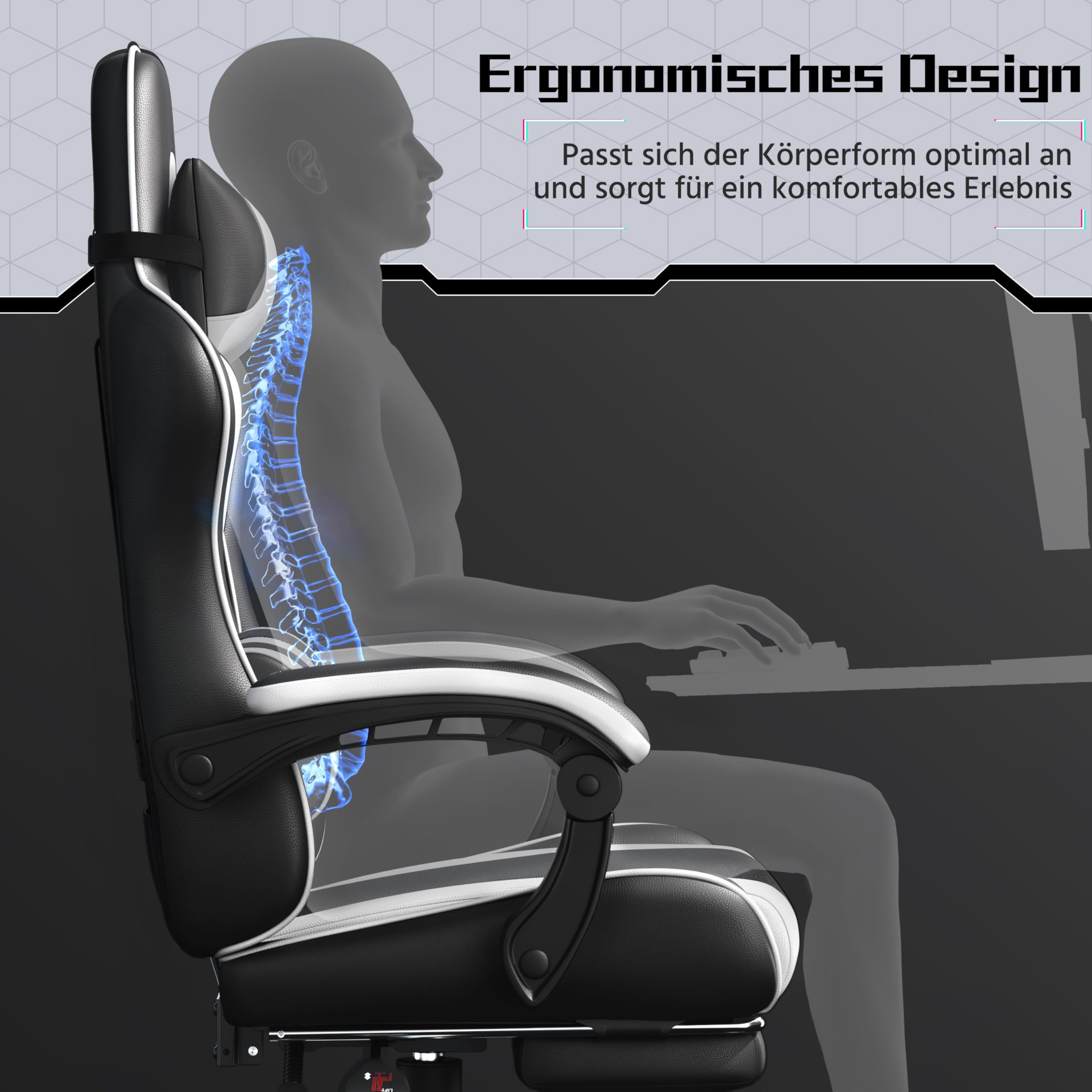 Yaheetech Gaming Stuhl Ergonomischer Gamer Stuhl mit Massagefunktion Computerstuhl mit Fußstütze Bürostuhl 90-135° Rückenlehne verstellbar Gaming Sessel PC Stuhl Weiß