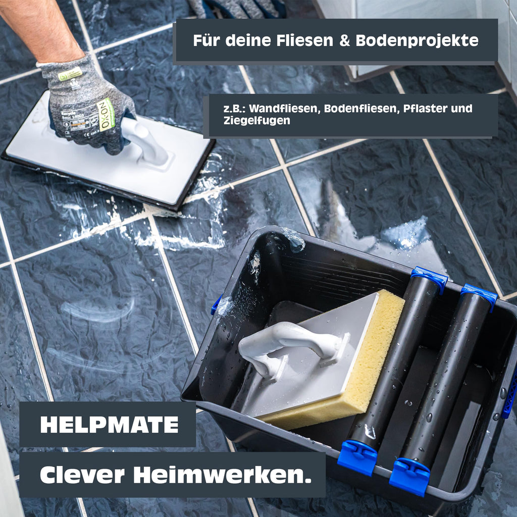 HELPMATE Fliesenwaschset 5-teilig 12 Liter Kunststoff Eimer, Doppelrollenaufsatz, Fliesenwaschbrett und Verfugbrett Made in Germany
