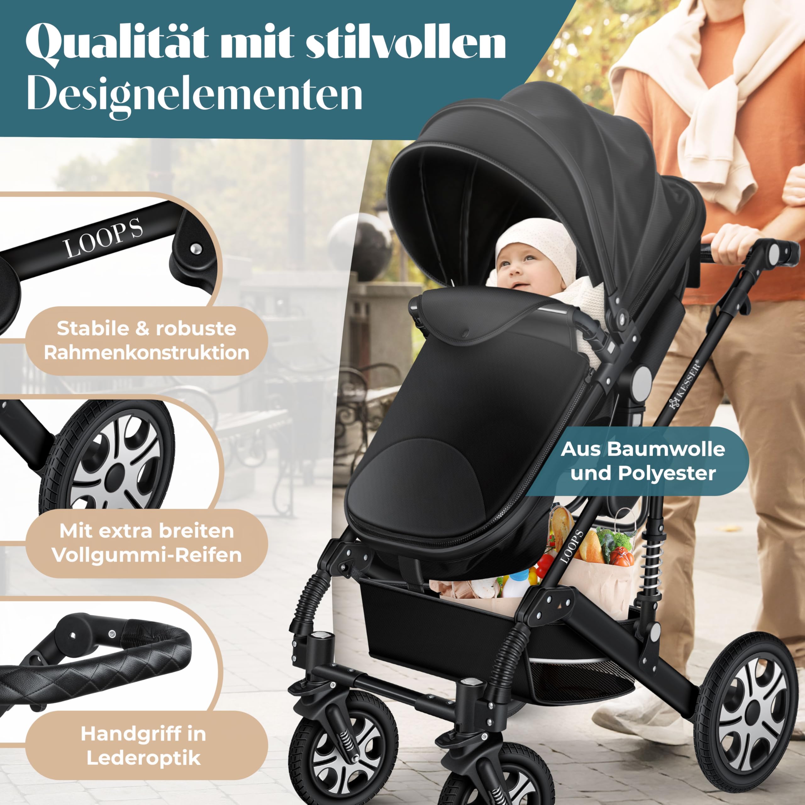 KESSER® Loops 4 in 1 Kinderwagen Kombikinderwagen Komplett-Set inkl. Babywanne & Buggy Sportsitz & Auto-Babyschale Voll-Gummireifen Wickeltasche Regenschutz Kindertisch ECE R129, Schwarz/Schwarz