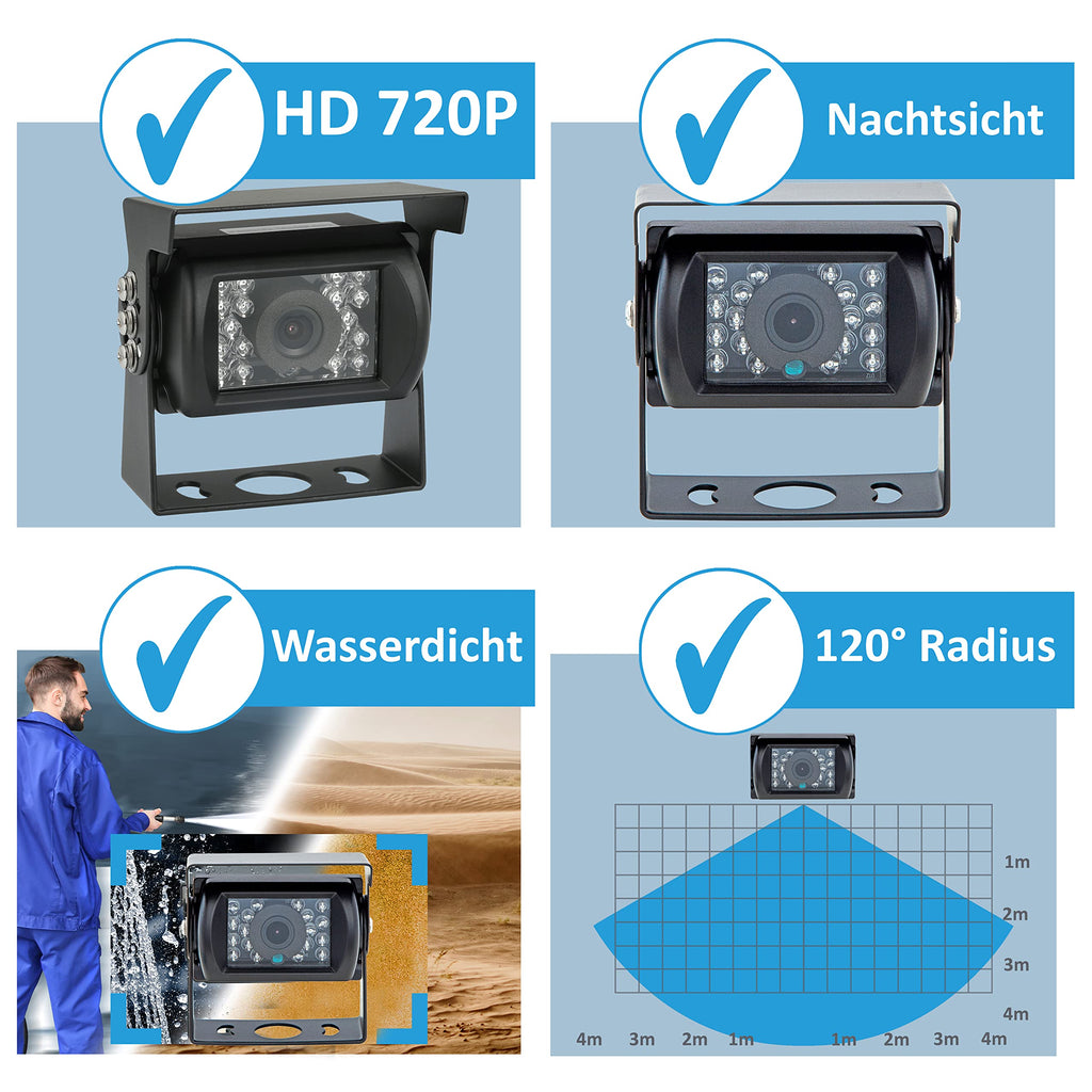 VSG24 Rückfahrkamera 7" HD Starter-Set inkl. Kamera, Monitor, Kabel - Wasserdicht Nachtsicht 12V-24V Einfache Montage/Robustes Rückfahrsystem für Auto Wohnwagen LKW Anhänger Wohnmobile Einparkhilfe