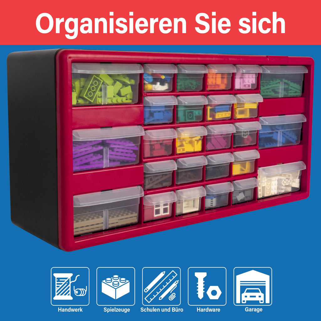 Akro-Mils 10126 26-Drawer Plastic Drawer Storage Cabinet for Garage Organization, Teacher Toolbox, Makeup Organizer, and More, 50.8 cm W x 15.24 cm D x 25.4 cm H, Red