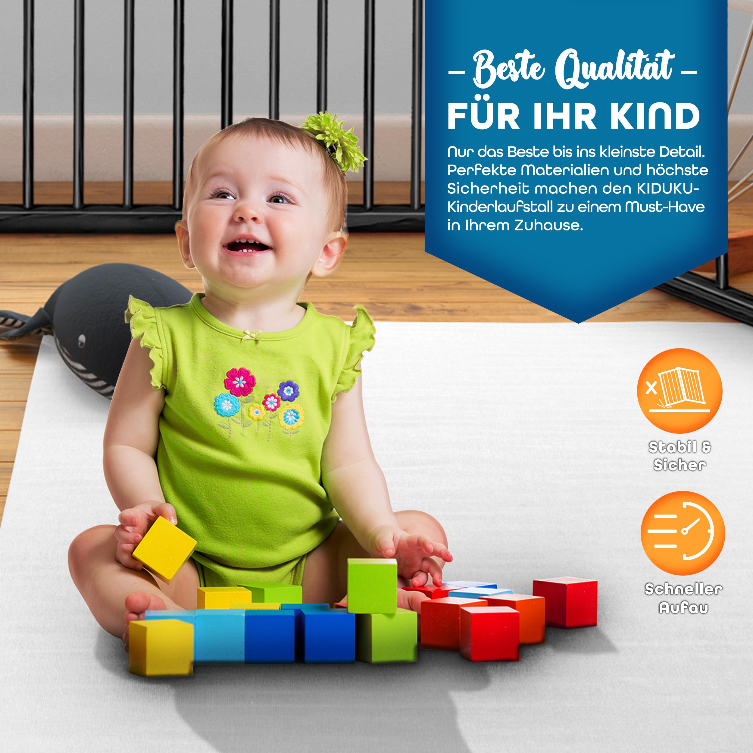 KIDUKU® 7,2 Meter Baby Laufgitter XXL klappbar inkl. Tür | Laufstall mit doppelter Sicherung | Absperrgitter für Kinder inkl. 8 Elementen | Krabbelgitter individuell formbar