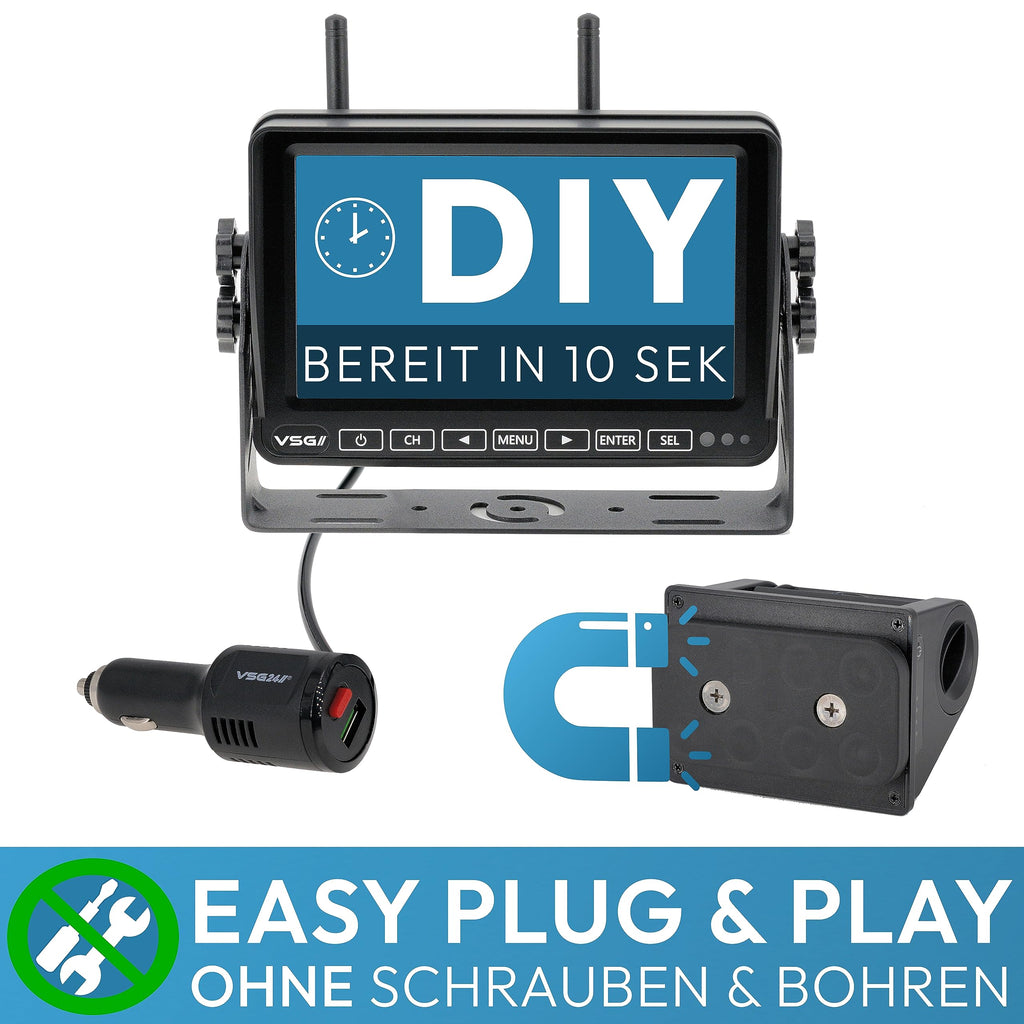VSG24 7“ Element HD Funk Rückfahrsystem Akku Magnet für Wohnmobil & LKW, KFZ Set Rückfahrkamera kabellos + Monitor DIY Nachrüsten 12V-24V Kamera digital Auto Rückspiegel Pferdeanhänger Dashcam