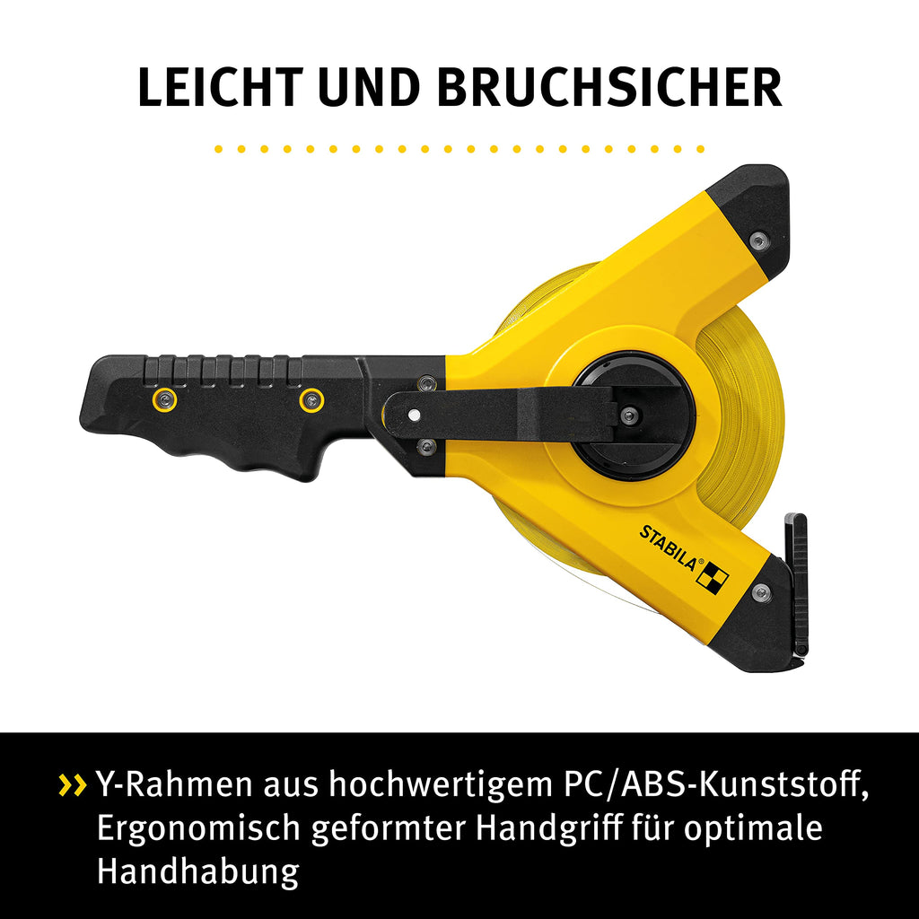 Stabila Rahmenbandmaß LBM 1000 STEEL, 50 m, Stahl-Messband mit metrischer Skala und NYLON-WRAP-Ummantelung, Universalhaken, bruchsicherer Rahmen, MID-Genauigkeit, LBM 1000, 50 m, Schwarz/Gelb