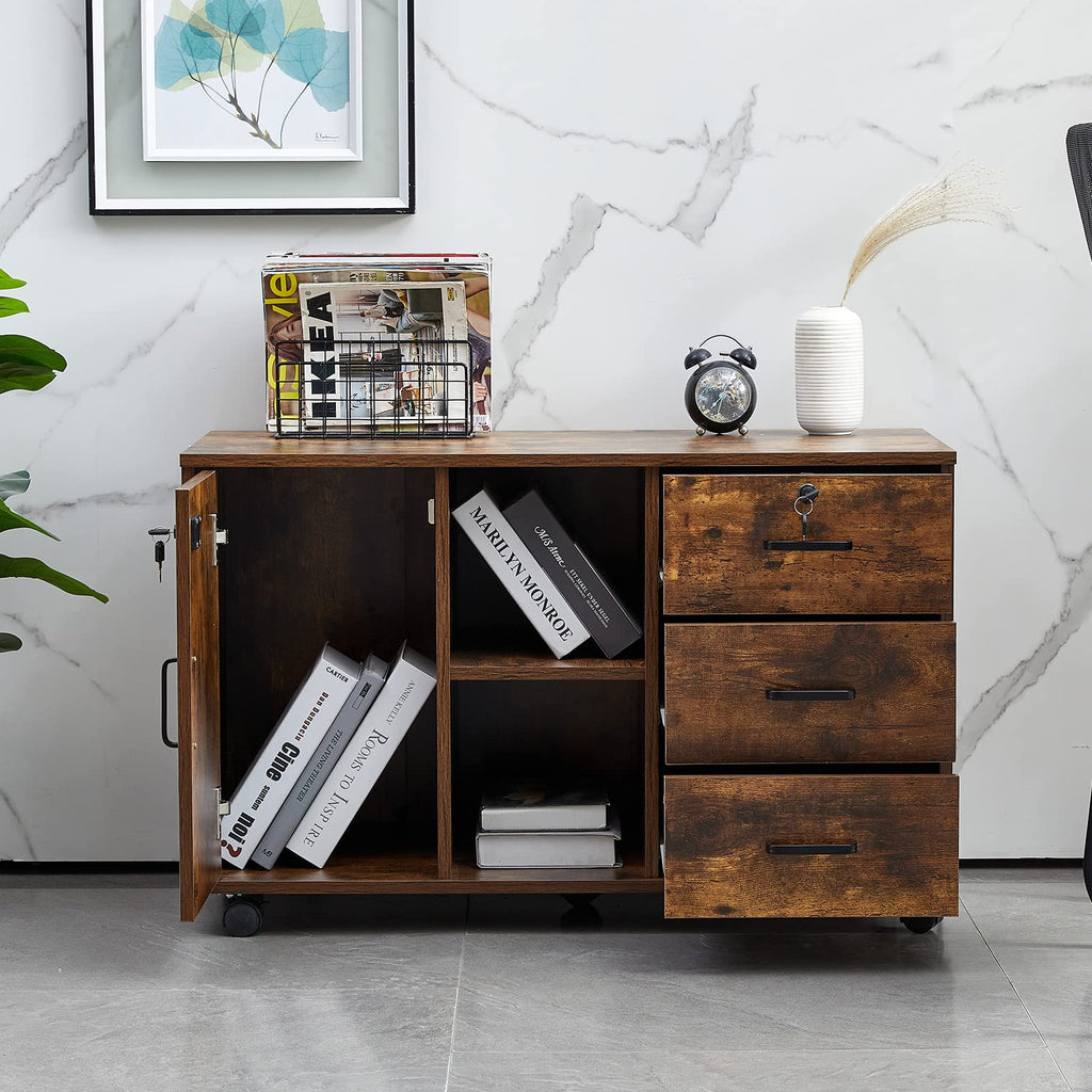 TUKAILAI Rollcontainer Abschließbar mit 3 Schubladen, Lagerung Fach und Offene Regale, Aktenschrank, Büroschrank mit Rollen, Dokumente in DIN-A4, Legal, Letter-Format, Büromöbel, braun